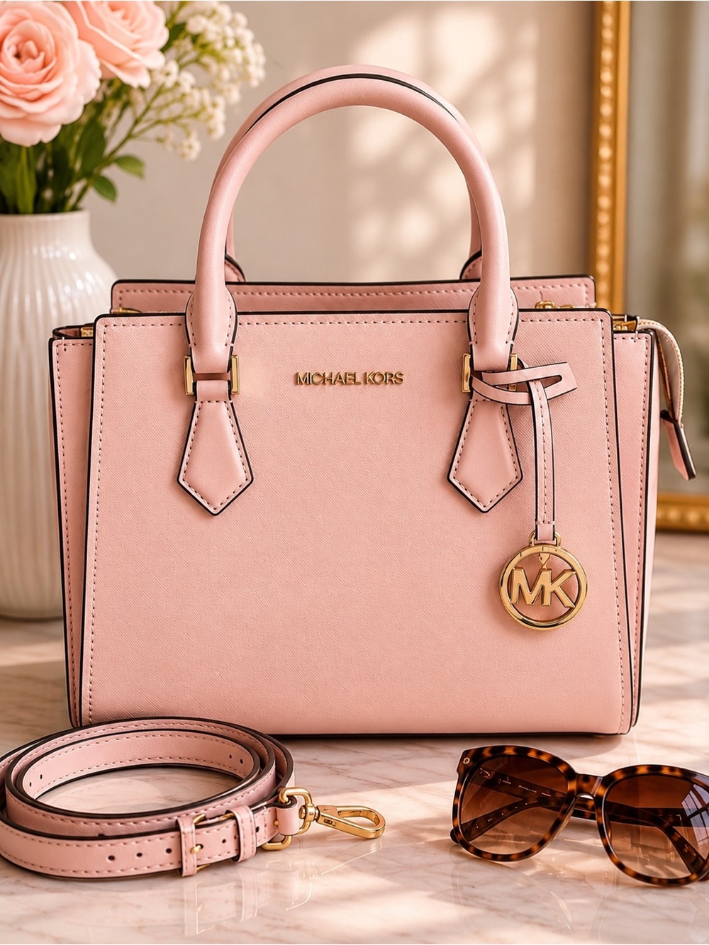 Michael Kors Light Pink Saffiano Leather Satchel with Gold Accents